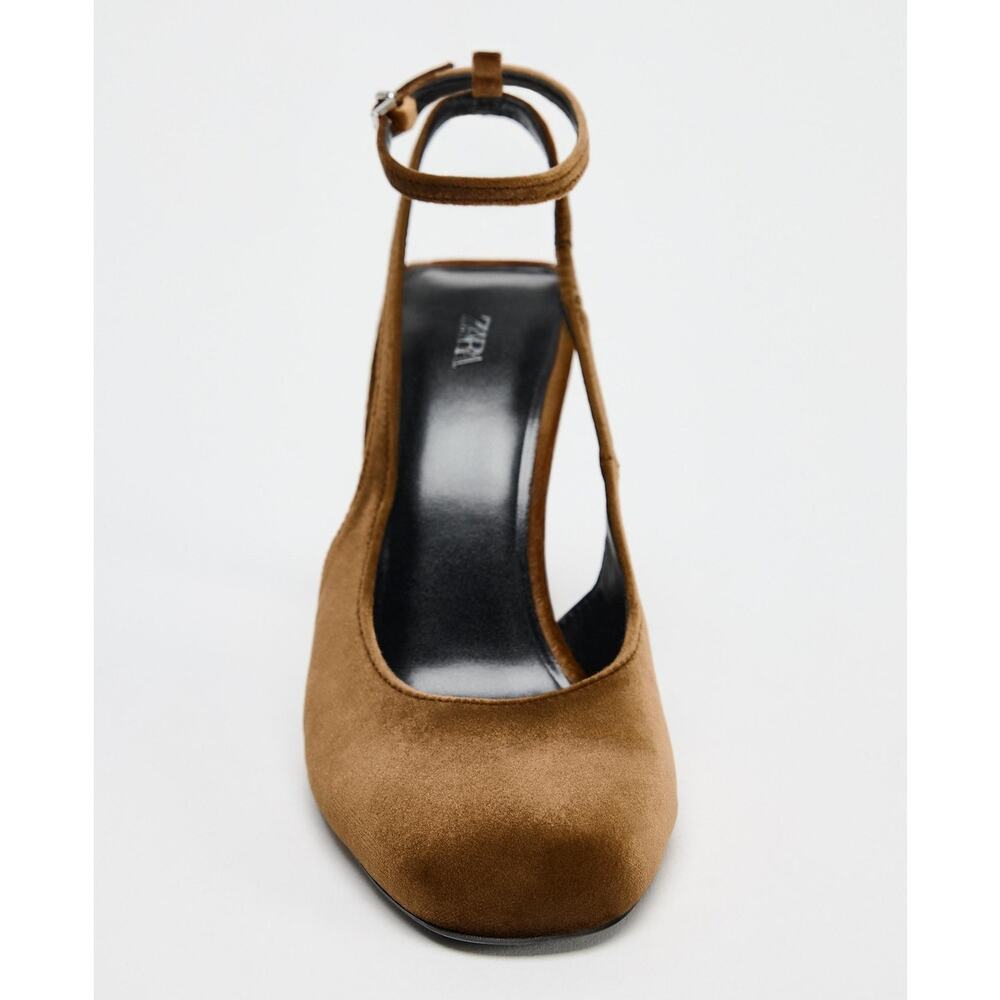 Zara NWT Brown Ocher Velvet Ankle Strap Rounded Toe High Heel Pumps 8 - Picture 13 of 16